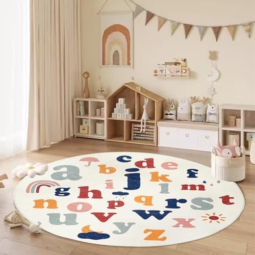 ABREEZE Large Round Kids Play Mat 5.3ft,Fluffy Faux Wool Kids Rug Non-Slip Ch...