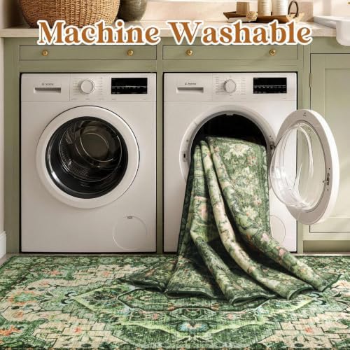 YOH 6x9 Ft Vintage Washable Area Rug for Living Dining Room (Green)