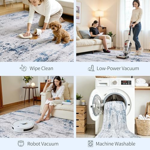 8x10 Area Rugs for Living Room Large Washable Abstract Rug White Gray Blue