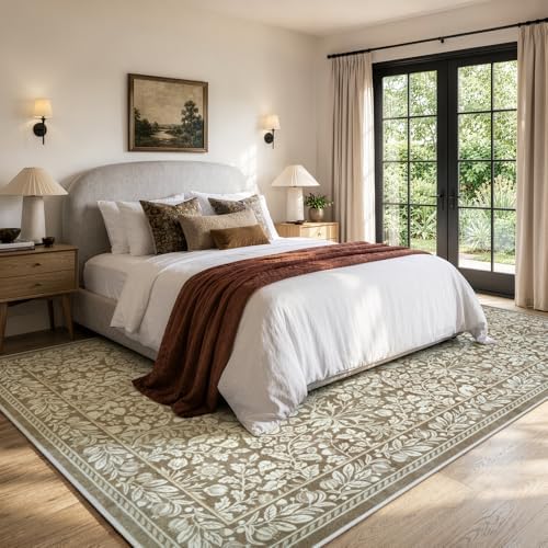 LIVEBOX 8x10 Neutral Area Rugs for Living Room, Vintage Floral Non-Slip Washa...