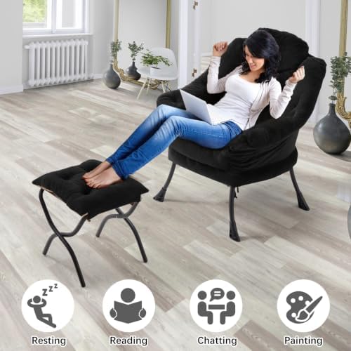 Lazy Chair with Folding Ottoman,Leisure Sofa Chair,Soft Fabric Armchair with ...