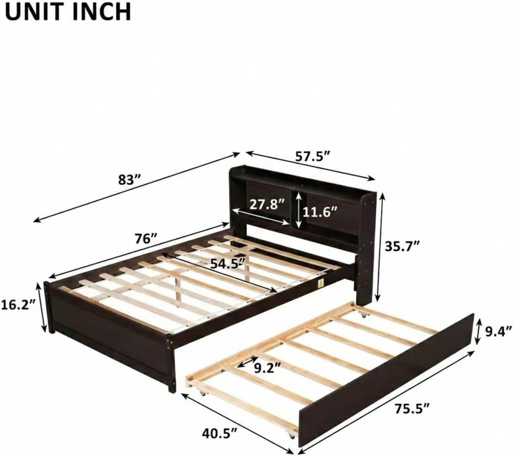 Bellemave Full Size Bed Frame with Trundle Bed and Bookcase, Espresso