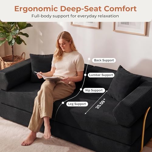 79" Convertible Futon Sofa Bed, Boneless Couch for Living Room | Black
