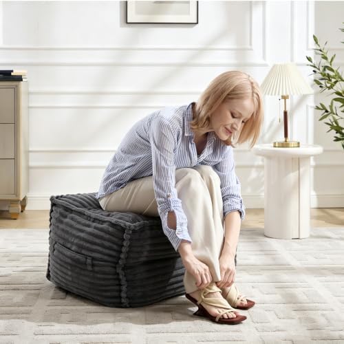 Square Stuffed Pouf Ottoman with Foam Chunk Filling, Darkgray