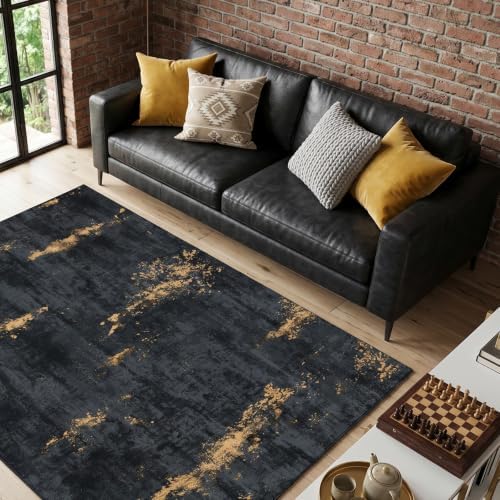 Fixwal Washable 5x7 Area Rug for Living Room, Non-Slip, Black/Gold