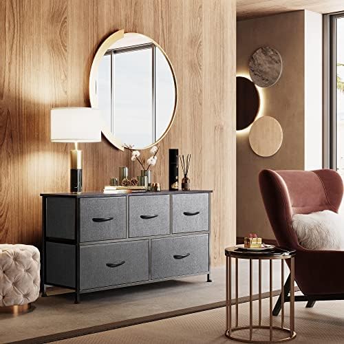 WLIVE Wide Dresser for Bedroom, 5 Drawer Chest of Drawers, Dark Grey