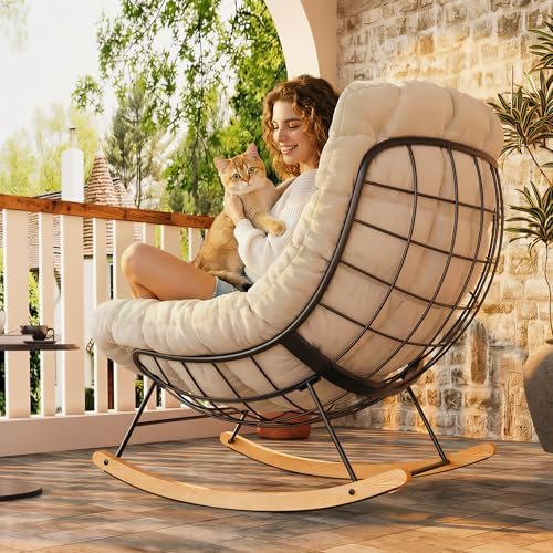 FLEXISPOT Outdoor Papasan Rocking Chair with Thick Cushion,Beige