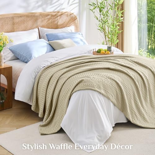 BEDELITE Linen Beige Cooling Waffle Blanket Queen Size for Bed, 90x90 Inch