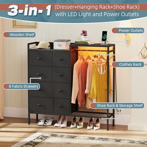 HIGDBFE 8-Drawer Dresser with Hanging Rack for Bedroom, Black, 11.8" D