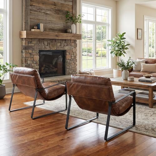 LukeAlon Set of 2 Modern PU Leather Accent Armchair, Retro Brown