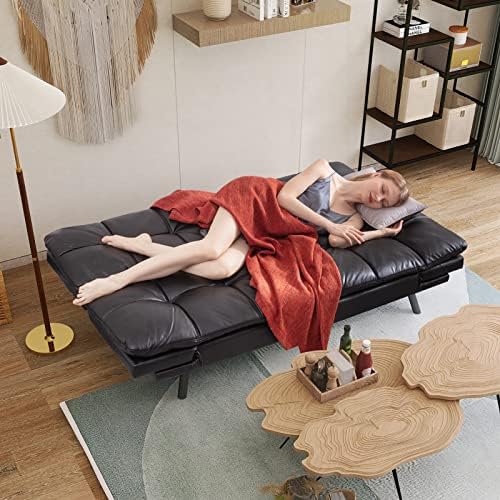 Opoiar Futon Sofa Bed Couch with Frame and Mattress,Black Faxu Memory Foam Le...