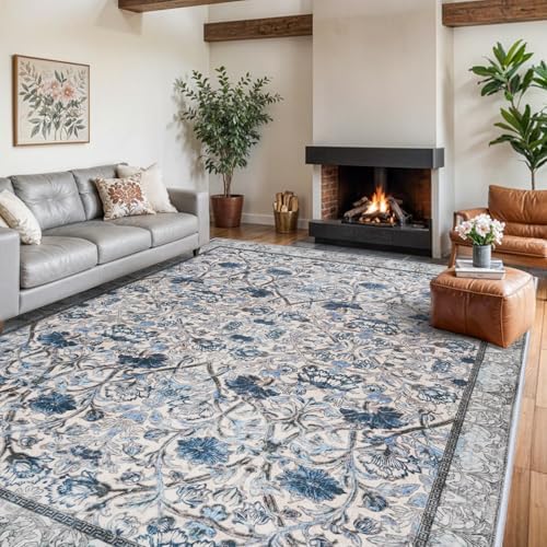 Washable Floral 10x14 Area Rugs: Vintage Rug Low Pile Non Slip Living Room