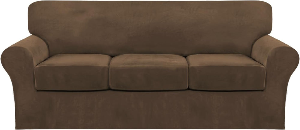 FantasDecor 4 Piece Sofa Velvet Couch Covers, Sofa, Bronze Brown | 3 Cushion,...