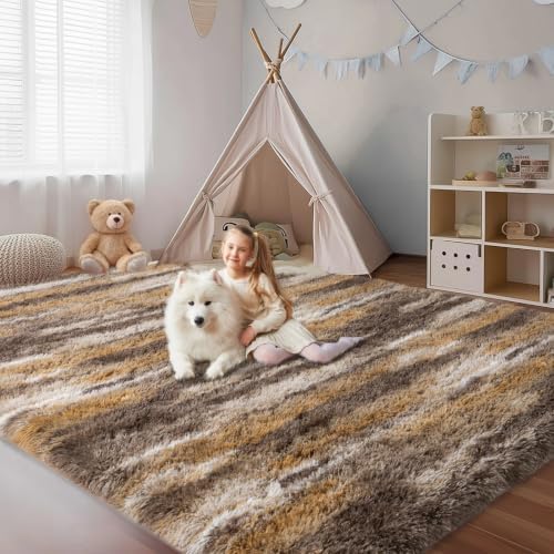 5x7 Abstract Brown Fluffy Rug for Bedroom Living Room Washable Non-Slip