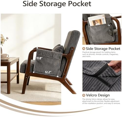 Mid Century Modern Accent Chair with Pocket, Solid Wood Armchair, Dark Gray