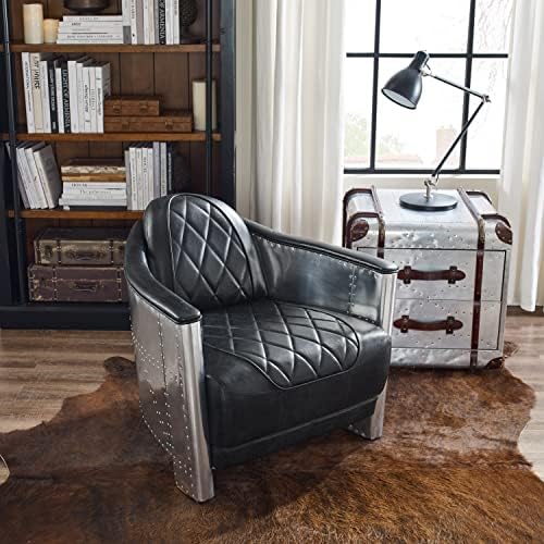 Art Leon Mid Century Industrial Genuine Leather Accent Club Chair Black