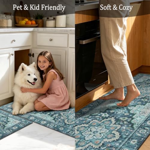 3-Piece Vintage Persian Rug Set - Washable Teal and Blue Area Rugs, Non-Slip ...