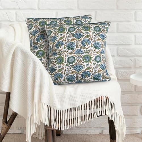 Ridhi Block Print Asparagus Green Pillow Cover 20" x 20" (Pack of 2...