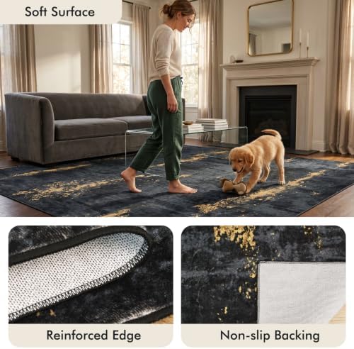 Fixwal Washable 5x7 Area Rug for Living Room, Non-Slip, Black/Gold