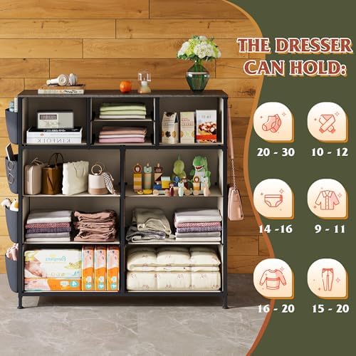 WLIVE 10 Drawer Fabric Dresser for Bedroom, Side Pocket Chest, Dark Grey