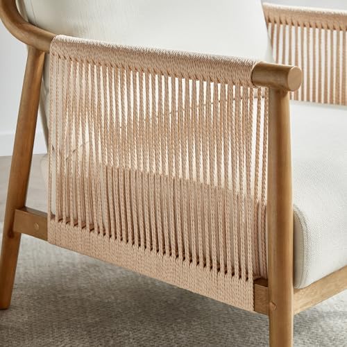 CHITA Braid Accent Chair with Wood Frame and Paper Cord Armrest, Cream