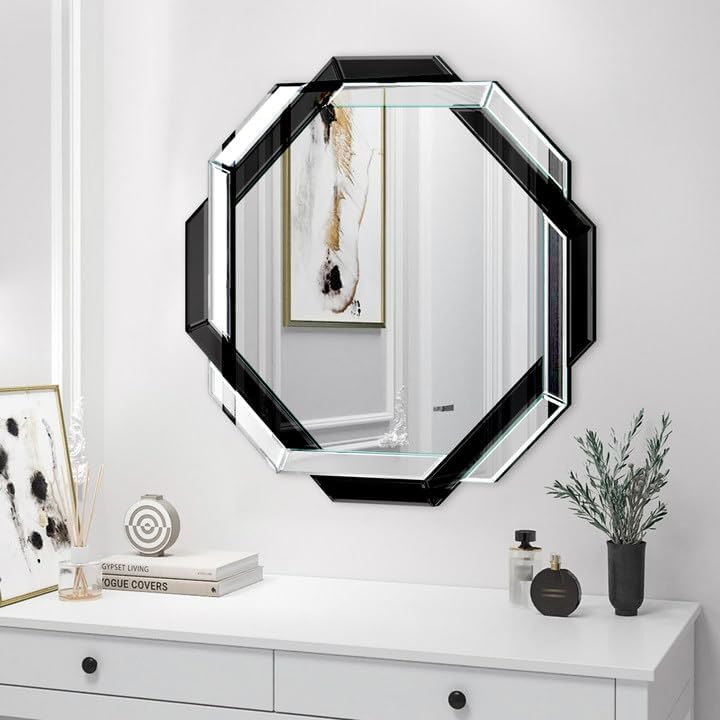 Bathroom Mirror Black - 28”X28” Wall Mirrors Decorative, Beveled Edge Framele...