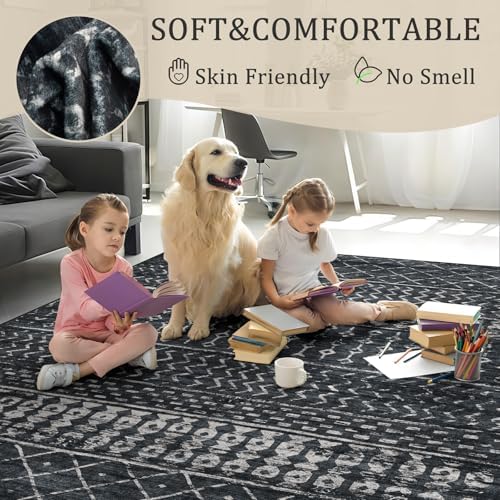 Washable 5x7 Area Rug, Modern Boho Black Non-Slip for Living Room, Bedroom