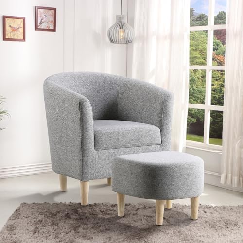 DAZONE Accent Chair with Ottoman, Mid Century Modern Barrel Comfy Fabric Armc...