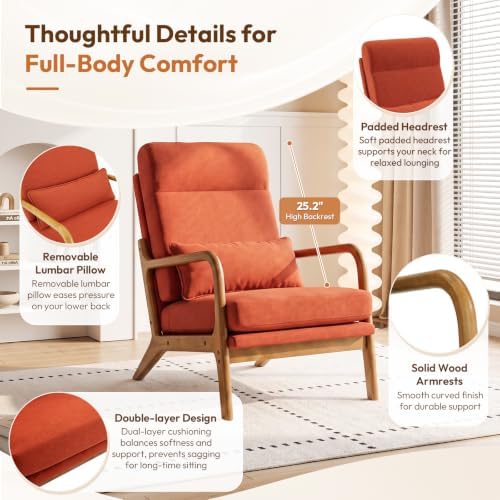 Bonnlo High Back Linen Burnt Orange Mid Century Modern Accent Chair, Soild Wo...
