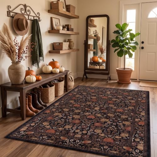 GarveeHome Dark Brown Floral Washable Rug 5x7 for Bedroom Living Room
