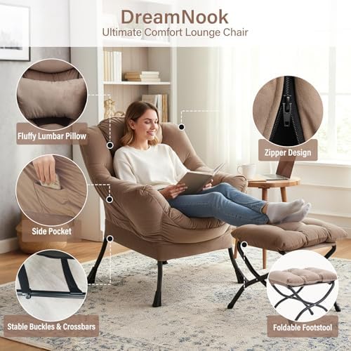 Lazy Chair with Ottoman, Comfy Chair with Pillow,Pure Khaki