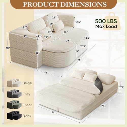 Antetek Convertible Sleeper Sofa, Modern Folding Futon Corduroy Floor Foam Co...