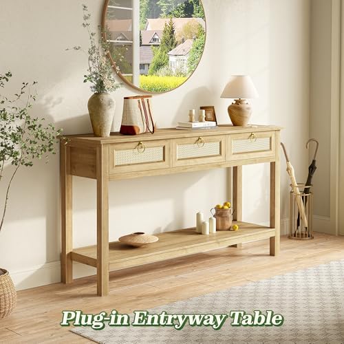 SUPERJARE Rattan Console Sofa Table with Outlets and USB-C Port, 3 Drawer Ent...