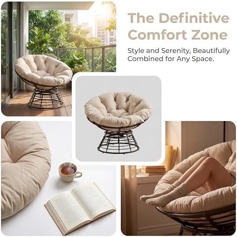 Cushion Papasan Swivel Chair, Ergonomic Wicker Round Chair with Thick Padding...