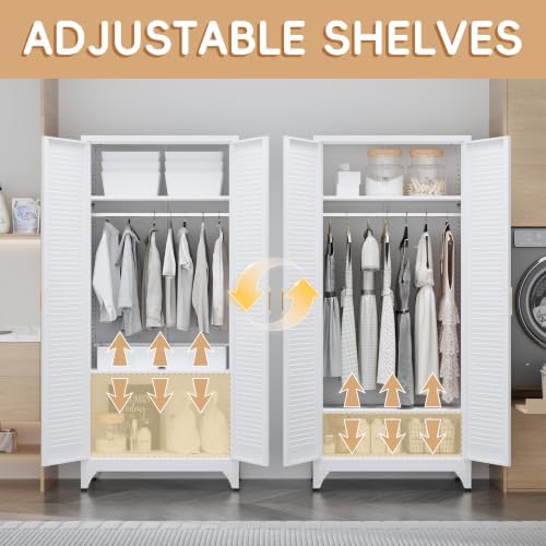 Steeloong 71"Armoire Wardrobe Close,White Wardrobe Cabinet with Hanging Rod