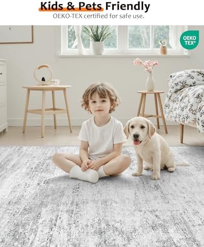 Washable Rugs 8x10, Abstract Large Area Rugs for Living Room, Grey