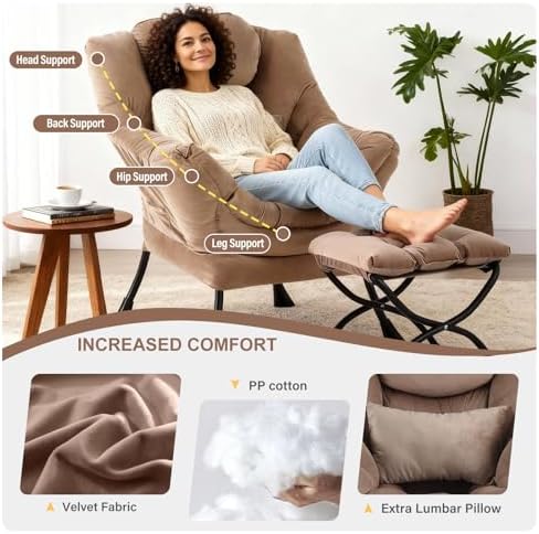 Lazy Chair with Ottoman, Comfy Chair with Pillow,Pure Khaki