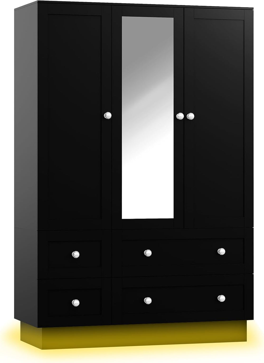 VOWNER Wardrobe Closet with 3 Doors Bedroom Armoire with Mirror & 4 Drawers