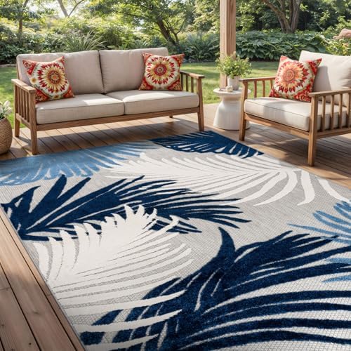 Rugshop Lucca Indoor/Outdoor Contemporary Floral Deck Area Rug Navy 5' x ...