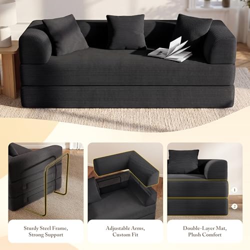 89" Convertible Futon Sofa Bed, Boneless Couch for Living Room, 3 Seater
