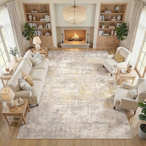 cotiled 8x10 Area Rugs Living Room: Washable Abstract Rug Gold Grey Brown