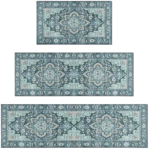 3-Piece Vintage Persian Rug Set - Washable Teal and Blue Area Rugs, Non-Slip ...