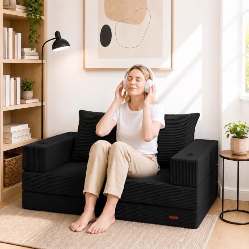 COMAX Boneless Futon Sofa Bed, 59" Small Low-Profile Floor Couch, Black