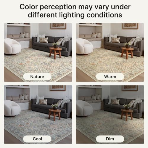 Bavni 9x12 Area Rug for Living Room, Washable Low Pile, Ivory Multicolor