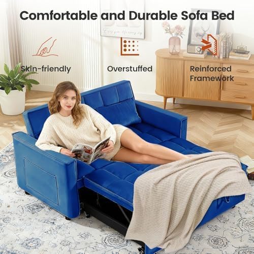54" Convertible Pull Out Sofa Bed with Adjustable Backrest, Blue
