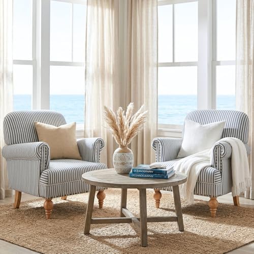 Blue Striped Linen Fabric Accent Chair, Coastal Upholstered Armchair with Nai...