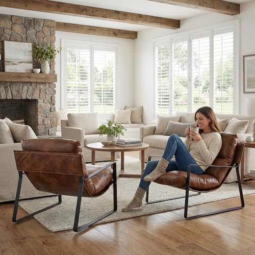 LukeAlon Set of 2 Modern PU Leather Accent Armchair, Retro Brown