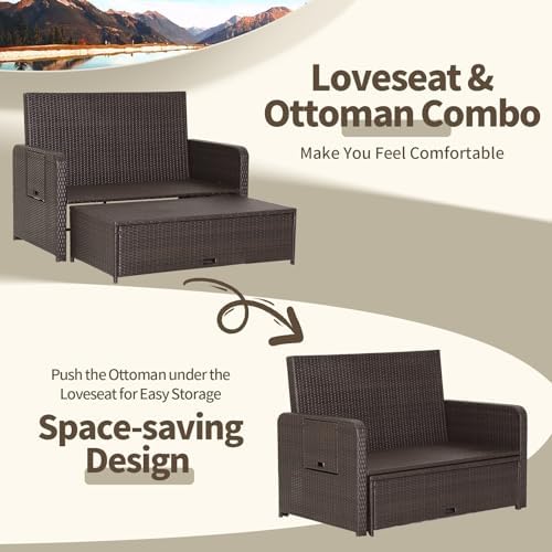 LDAILY Moccha Outdoor Daybed, Wicker Loveseat Sofa Set with 4-Postion Adjusta...