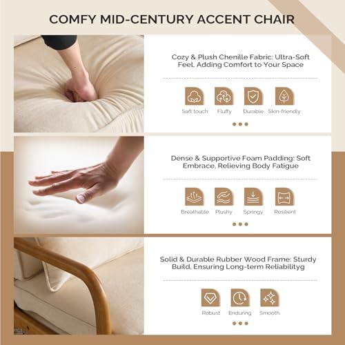 VINGLI Chenille Mid-Century Modern Accent Chair Set of 2, Cute Reading Arm Ch...