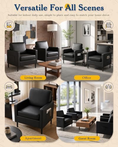 Mid Century Black Leather Mordern Accent Chairs Set of 2 for Living Room